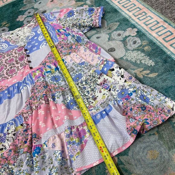 Rusttydustty Dress 3XL Purple V-Neck Short Sleeve Tiered Floral Mini Patchwork - Picture 13 of 15